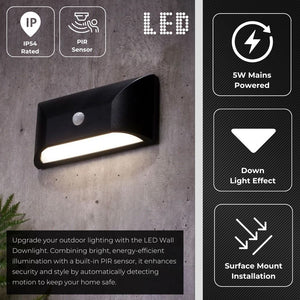 POOLE | Outdoor Curved Down Wall Light PIR Fitting | 5W LED | 4000K Neutral White | IP55 | Black | Motion Sensor