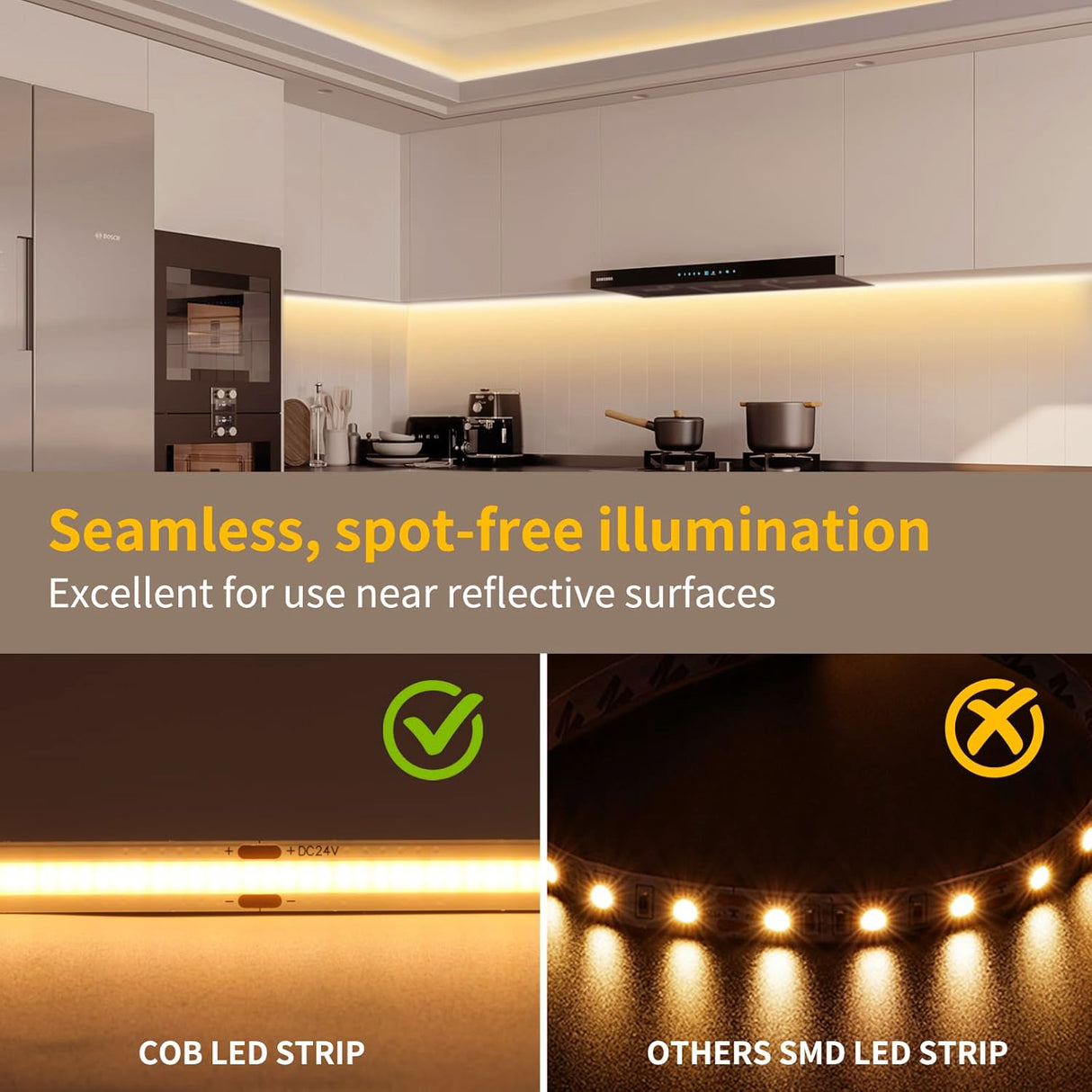 24V Seamless Dotless LED Tape Strip Light | 5W COB LED | Dimmable | Very Warm White 2400K | Sold Per Metre