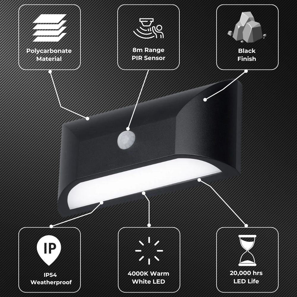 POOLE | Outdoor Curved Down Wall Light PIR Fitting | 5W LED | 4000K Neutral White | IP55 | Black | Motion Sensor