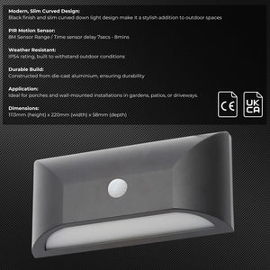 POOLE | Outdoor Curved Down Wall Light PIR Fitting | 5W LED | 4000K Neutral White | IP55 | Black | Motion Sensor