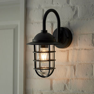 PORT | Outdoor Fisherman Cage Lantern Porch Barn Wall Light | E27 | IP44 | Matt Black