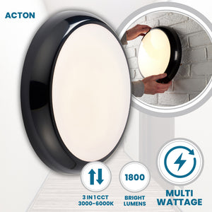 ACTON CCT Slim Bulkhead Light Fitting | LED Multi Wattage 1800lm | CCT Tri-Colour Switchable | IP65 | Black | Standard