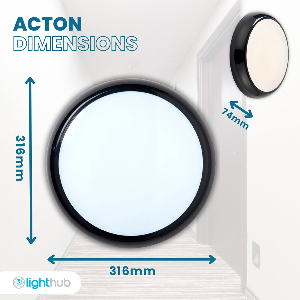 ACTON CCT Slim Bulkhead Light Fitting | LED Multi Wattage 1800lm | CCT Tri-Colour Switchable | IP65 | Black | 3hr Emergency Function | Microwave Motion Sensor