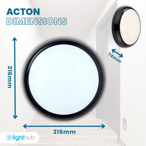 ACTON CCT Slim Bulkhead Light Fitting | LED Multi Wattage 1800lm | CCT Tri-Colour Switchable | IP65 | Black | 3hr Emergency Function | Microwave Motion Sensor