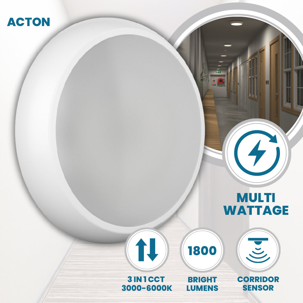 ACTON Slim Bulkhead Light | LED Multi Wattage 1800lm | Tri-Colour CCT | IP65 | Corridor Function Sensor