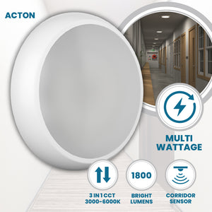 ACTON Slim Bulkhead Light | LED Multi Wattage 1800lm | Tri-Colour CCT | IP65 | Corridor Function Sensor