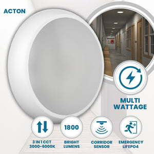 ACTON Slim Bulkhead Light | LED Multi Wattage 1800lm | Tri-Colour CCT | IP65 | Microwave & Corridor Function Sensor | 3hr Emergency