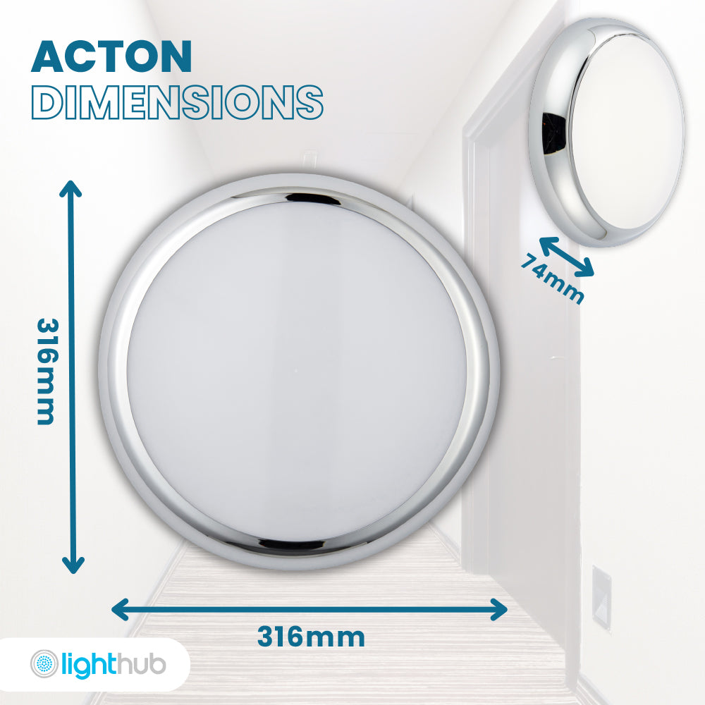 ACTON CCT Slim Bulkhead Light Fitting | LED Multi Wattage 1800lm | CCT Tri-Colour Switchable | IP65 | Chrome | 3hr Emergency Function | Microwave Motion Sensor