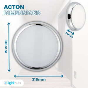 ACTON CCT Slim Bulkhead Light Fitting | LED Multi Wattage 1800lm | CCT Tri-Colour Switchable | IP65 | Chrome | Microwave Motion Sensor