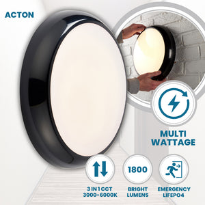 ACTON CCT Slim Bulkhead Light Fitting | LED Multi Wattage 1800lm | CCT Tri-Colour Switchable | IP65 | Black | 3hr Emergency Function