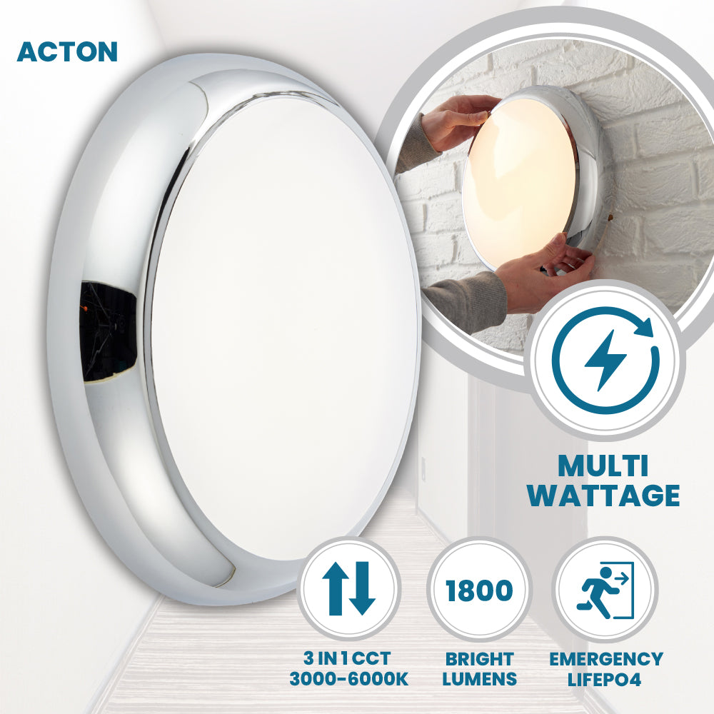 ACTON CCT Slim Bulkhead Light Fitting | LED Multi Wattage 1800lm | CCT Tri-Colour Switchable | IP65 | Chrome | 3hr Emergency Function