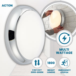 ACTON CCT Slim Bulkhead Light Fitting | LED Multi Wattage 1800lm | CCT Tri-Colour Switchable | IP65 | Chrome | 3hr Emergency Function