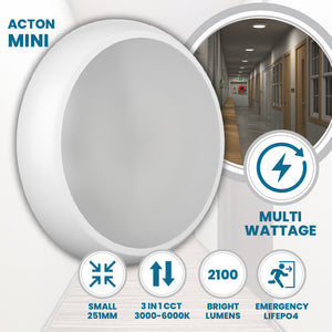 ACTON MINI Small 251mm Slim Bulkhead Light | LED Multi Wattage 1200lm | Tri-Colour CCT | IP65 | White | 3hr Emergency