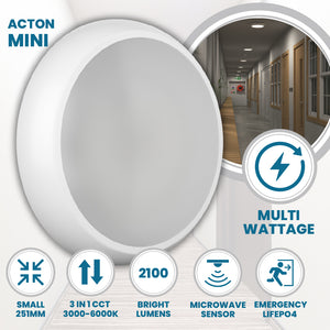 ACTON MINI Small 251mm Slim Bulkhead Light | LED Multi Wattage 1200lm | Tri-Colour CCT | IP65 | White | Microwave Emergency