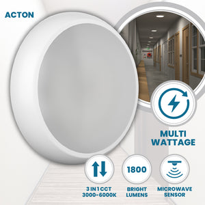 ACTON Slim Bulkhead Light | LED Multi Wattage 1800lm | Tri-Colour CCT | IP65 | Microwave Motion Sensor