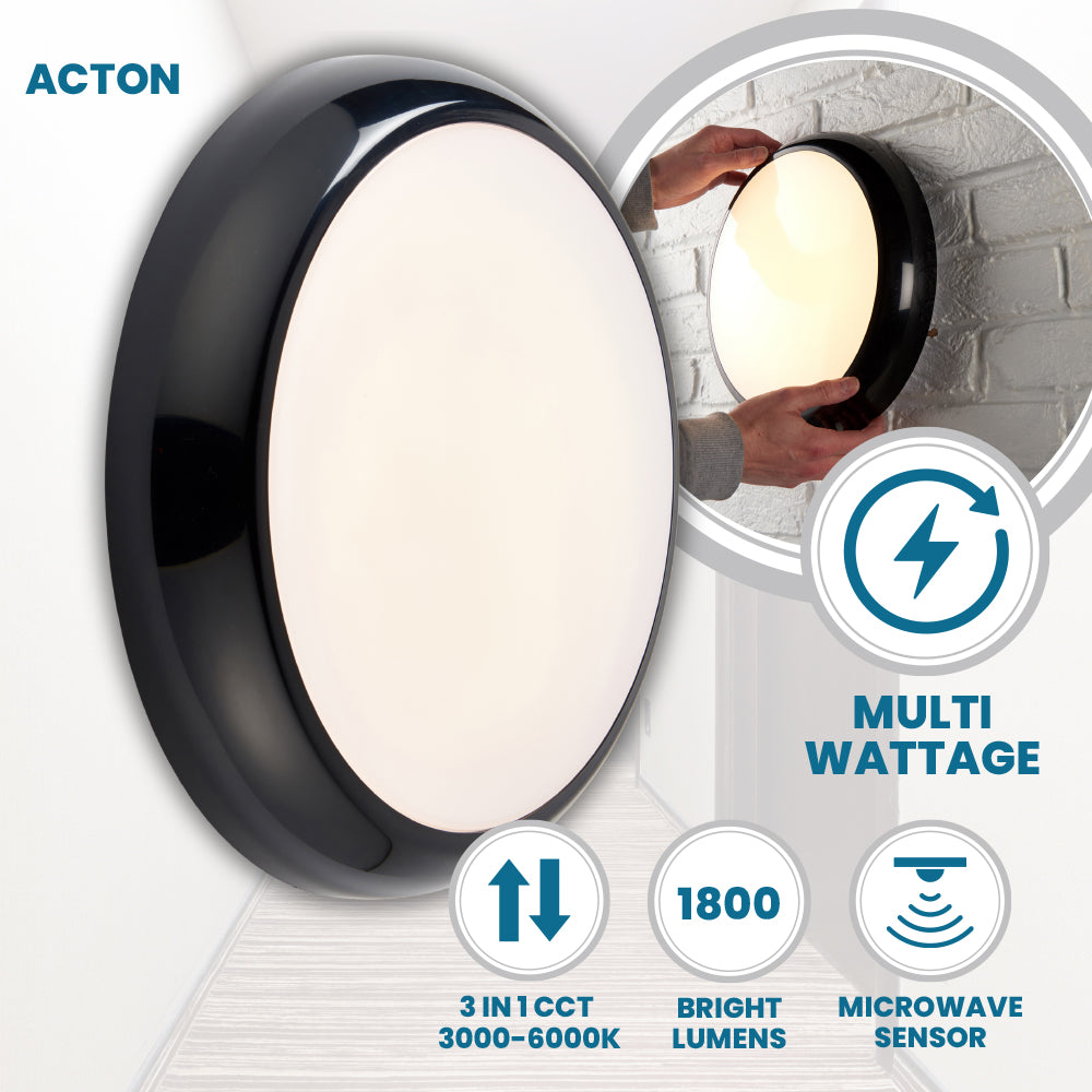 ACTON CCT Slim Bulkhead Light Fitting | LED Multi Wattage 1800lm | CCT Tri-Colour Switchable | IP65 | Black | Microwave Motion Sensor