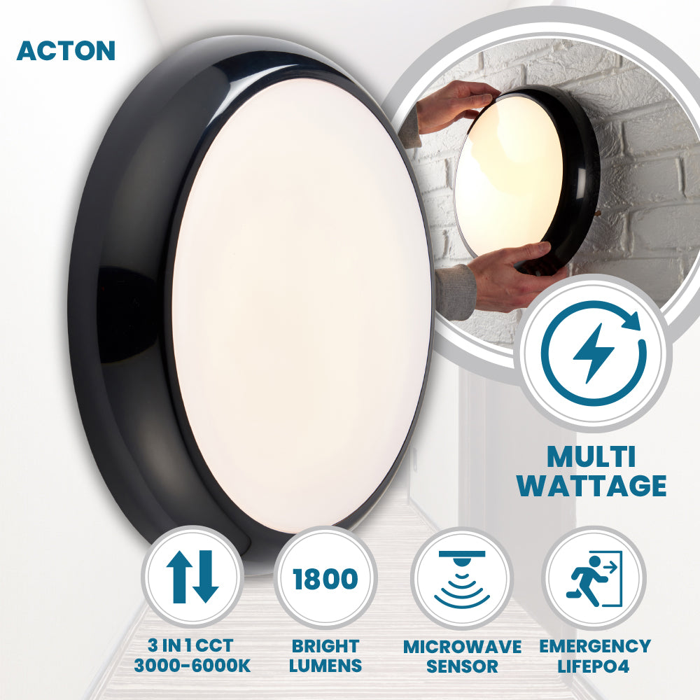 ACTON CCT Slim Bulkhead Light Fitting | LED Multi Wattage 1800lm | CCT Tri-Colour Switchable | IP65 | Black | 3hr Emergency Function | Microwave Motion Sensor