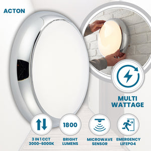 ACTON CCT Slim Bulkhead Light Fitting | LED Multi Wattage 1800lm | CCT Tri-Colour Switchable | IP65 | Chrome | 3hr Emergency Function | Microwave Motion Sensor