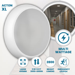 ACTON XL Large 400mm Slim Bulkhead Light | LED Multi Wattage 2800lm | Tri-Colour CCT | IP65 | 3hr Emergency Function