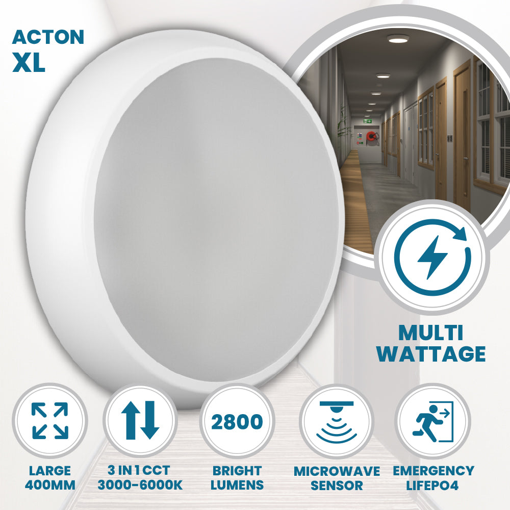 ACTON XL Large 400mm Slim Bulkhead Light | LED Multi Wattage 2800lm | Tri-Colour CCT | IP65 | Microwave Emergency