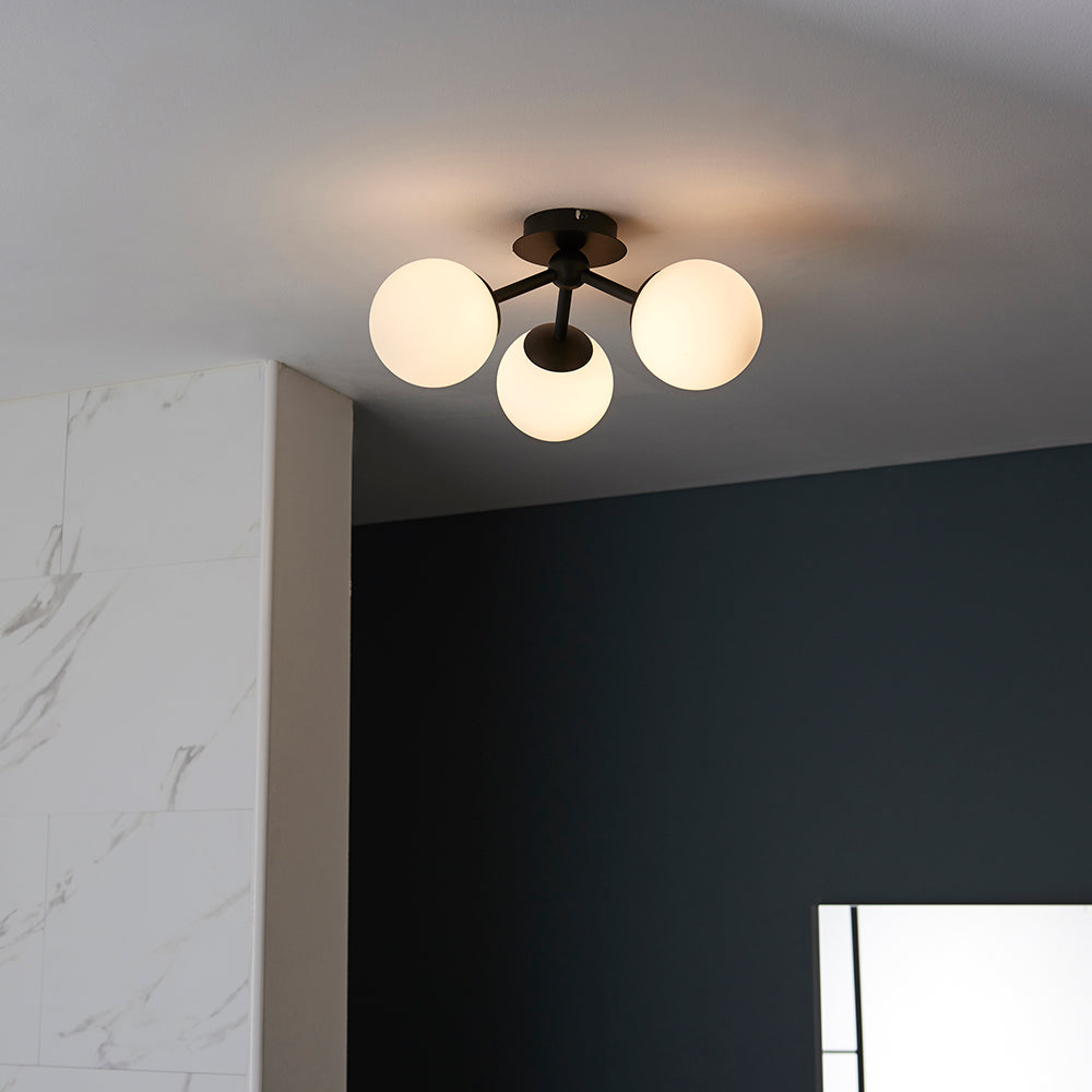 PULSA | Globe Glass Waterproof Dimmable Ceiling 3-Light Semi-Flush Fitting | G9 | IP44 | Matt Black