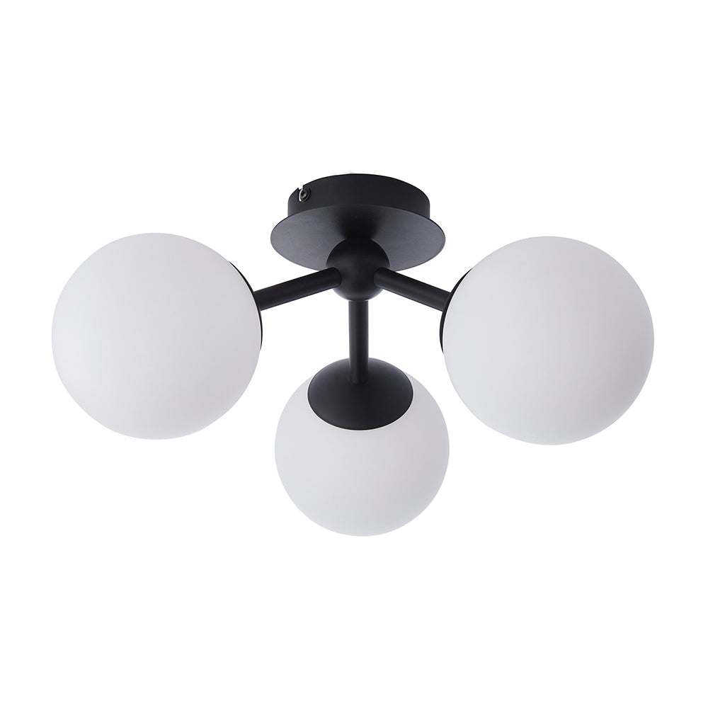 PULSA | Globe Glass Waterproof Dimmable Ceiling 3-Light Semi-Flush Fitting | G9 | IP44 | Matt Black