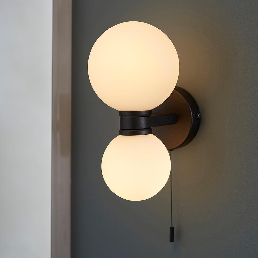 PULSA | Globe Glass Waterproof Dimmable Wall 2-Light Semi-Flush Fitting with Pullcord | G9 | IP44 | Matt Black