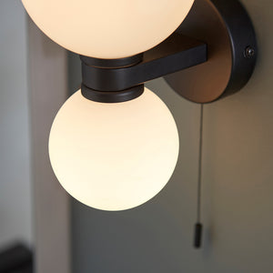 PULSA | Globe Glass Waterproof Dimmable Wall 2-Light Semi-Flush Fitting with Pullcord | G9 | IP44 | Matt Black