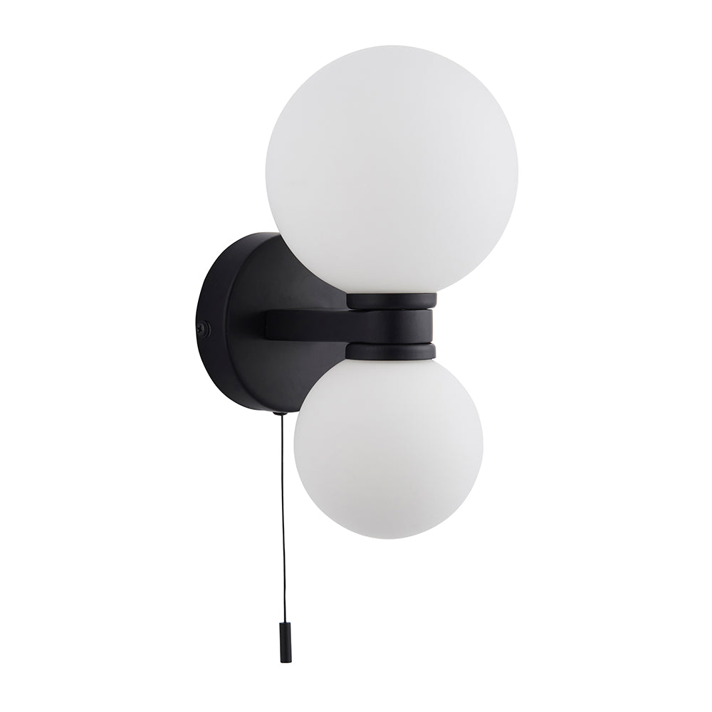 PULSA | Globe Glass Waterproof Dimmable Wall 2-Light Semi-Flush Fitting with Pullcord | G9 | IP44 | Matt Black