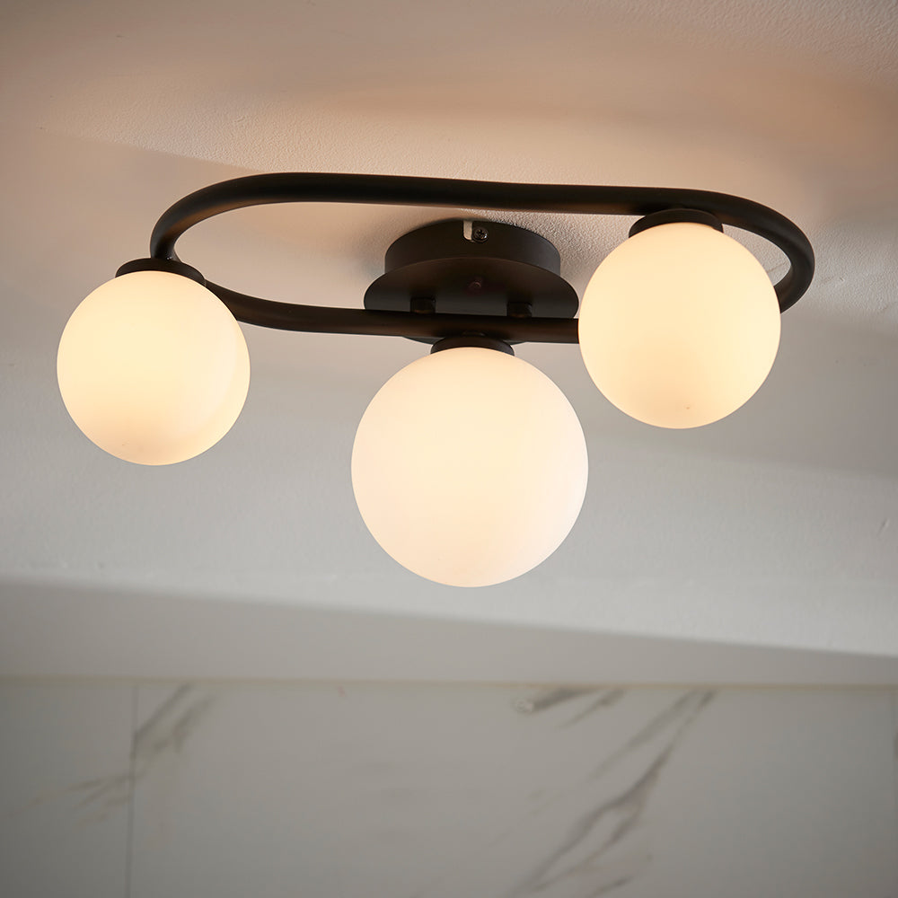 PULSA | Globe Glass Waterproof Dimmable Ceiling 3-Light Semi-Flush Fitting | G9 | IP44 | Matt Black