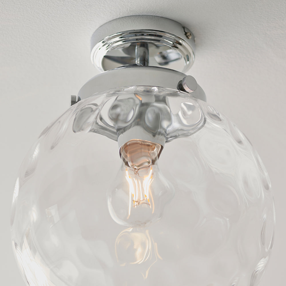 ELSTON | Globe Glass Waterproof Dimpled Dimmable Ceiling Light Semi-Flush Fitting | E27 | IP44 | Polished Chrome