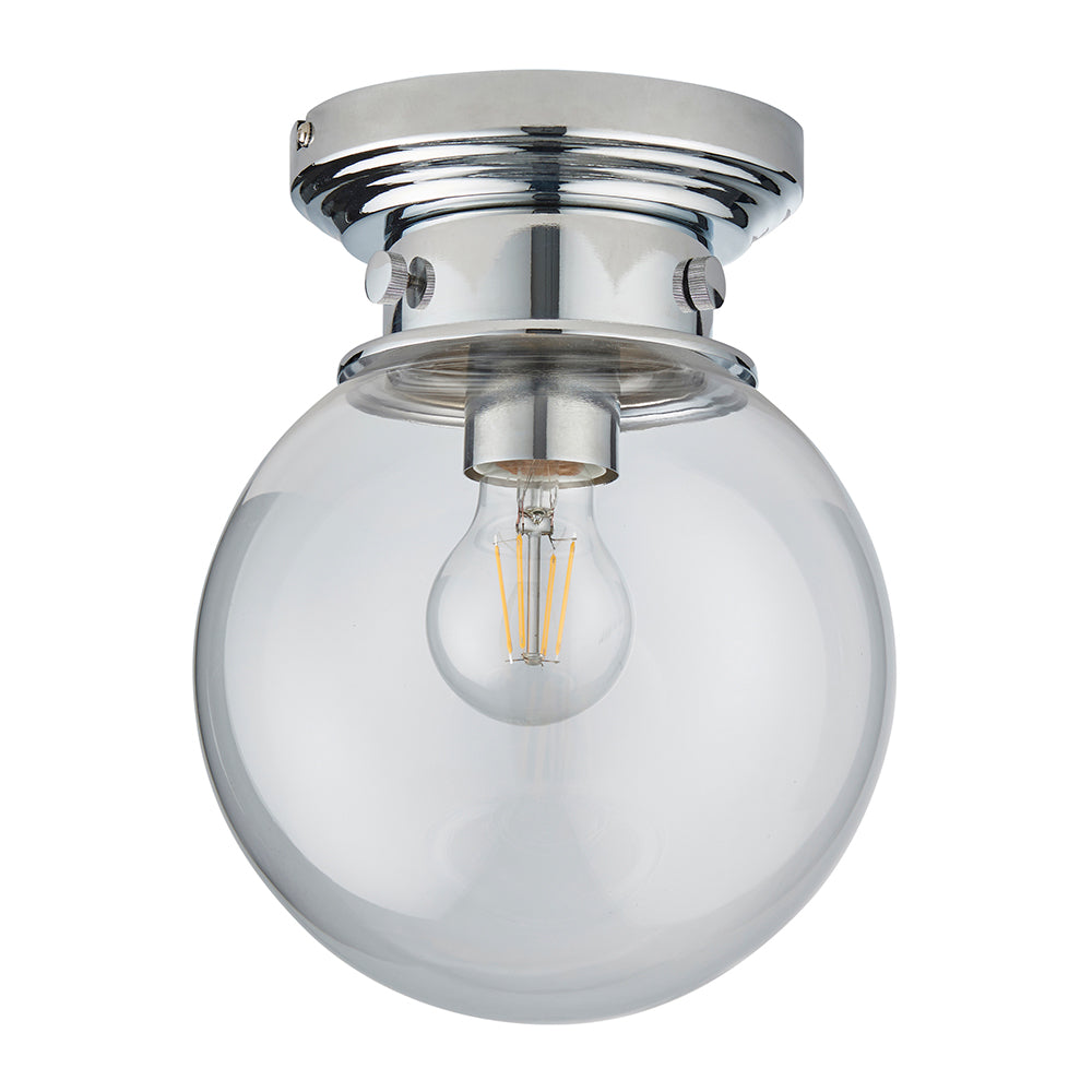 CHESWICK | Globe Glass Waterproof Ceiling Light Flush Fitting | E27 | IP44 | Polished Chrome