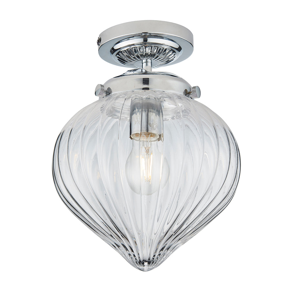 CHESTON | Globe Glass Waterproof Ribbed Dimmable Ceiling Light Semi-Flush Fitting | E27 | IP44 | Polished Chrome