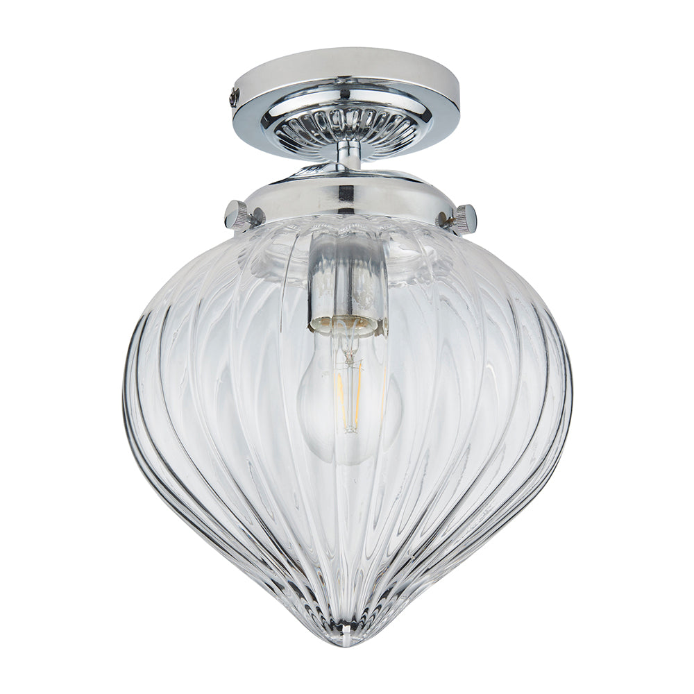 CHESTON | Globe Glass Waterproof Ribbed Dimmable Ceiling Light Semi-Flush Fitting | E27 | IP44 | Polished Chrome