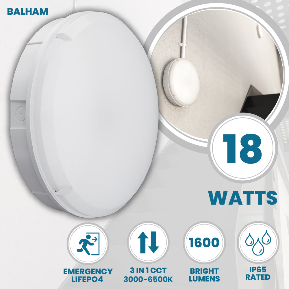 BALHAM Drum Bulkhead Light Fitting | LED 18W 1600lm | CCT Tri-Colour | IP65 | 3hr Emergency Function