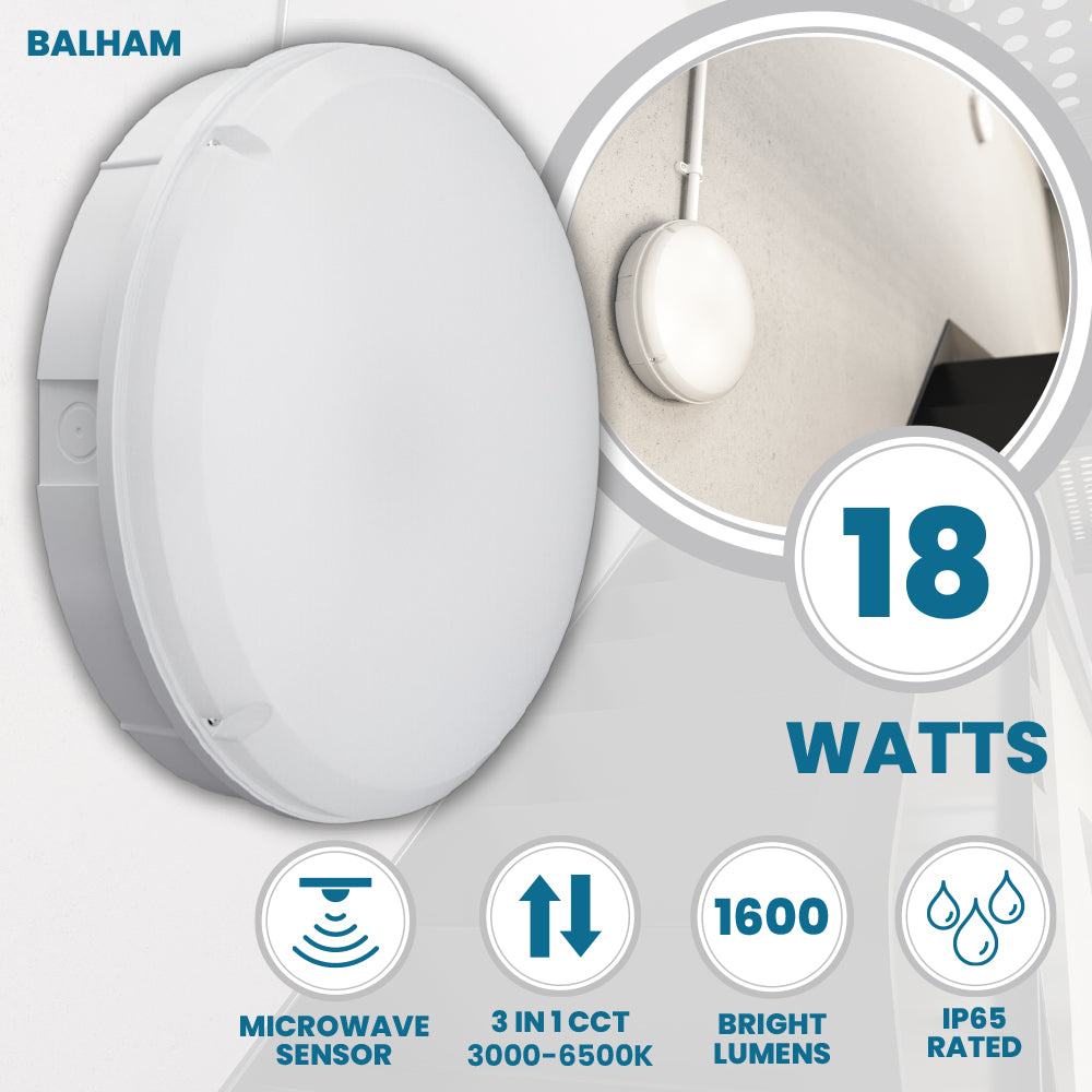 BALHAM Drum Bulkhead Light Fitting | LED 18W 1600lm | CCT Tri-Colour | IP65 | Microwave Motion Sensor