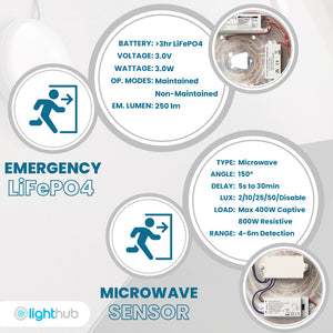 BALHAM PRO Drum Bulkhead Light Fitting | LED Multi Wattage | CCT 5-Colour | IP65 | 3hr Emergency Function | Microwave Motion Sensor