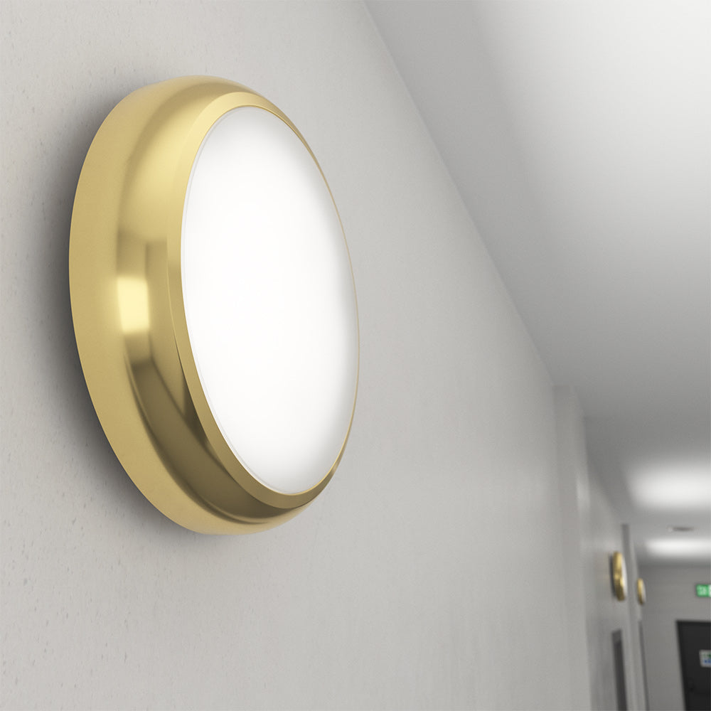 EUSTON TRINITY Slim Bulkhead Light | LED Multi Wattage 2160lm | Tri-Colour CCT | IP65 | Brass | 3hr Emergency