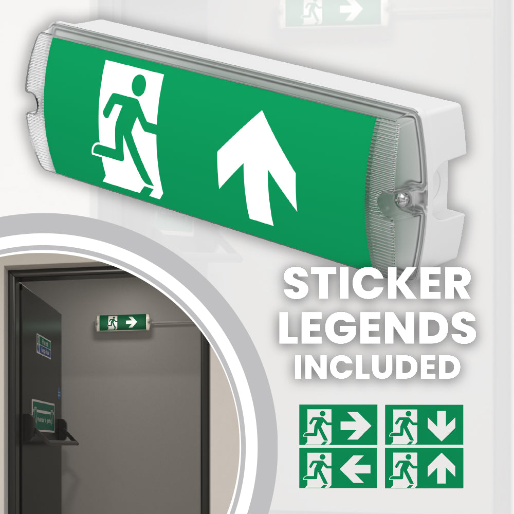 3.5W IP65 LED Emergency Bulkhead Light Fire Exit Sign Legend 3hr Maintained with Optional Sticker Legends