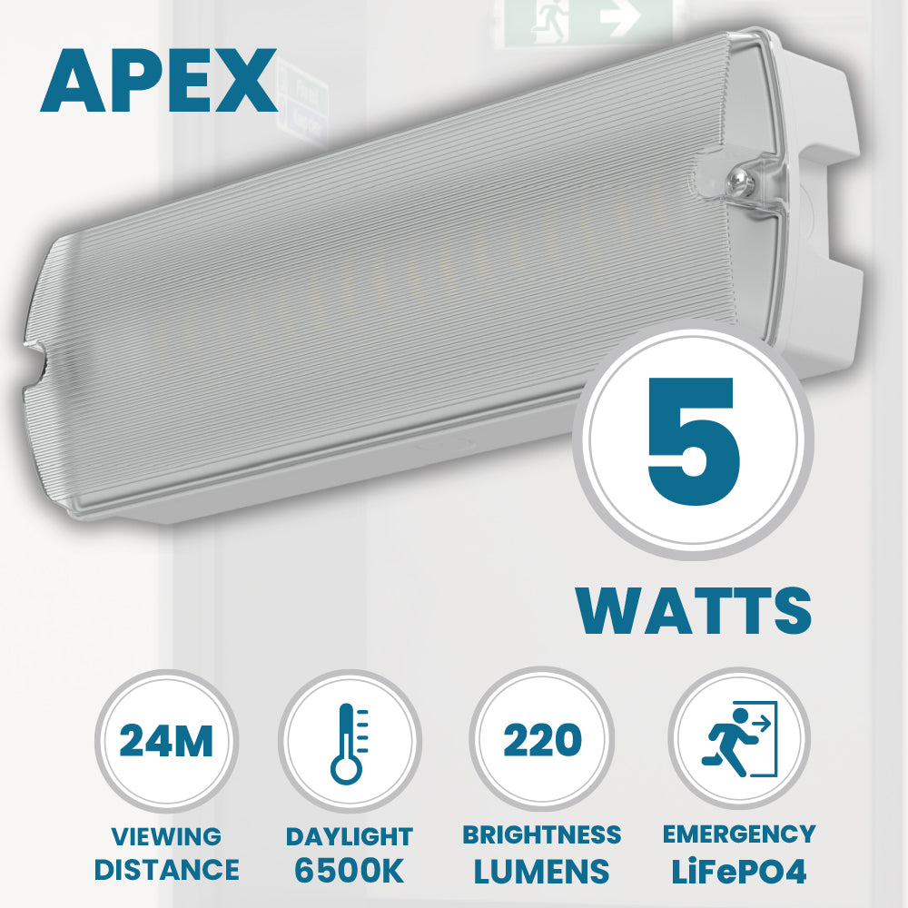 APEX Rectangle Fire Exit Bulkhead Light Fitting | LED 5W 220lm | 6500K Daylight White | IP65 | 3hr Emergency Function