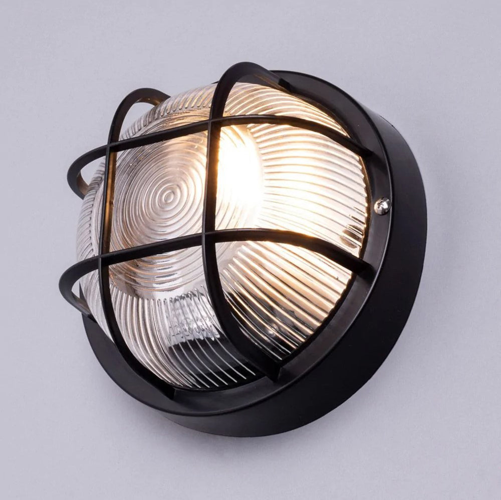 Round Drum Bulkhead Glass Wall Light Fitting | E27 | IP44 | Black Caged