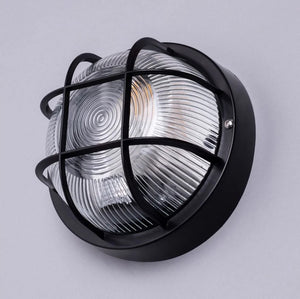 Round Drum Bulkhead Glass Wall Light Fitting | E27 | IP44 | Black Caged