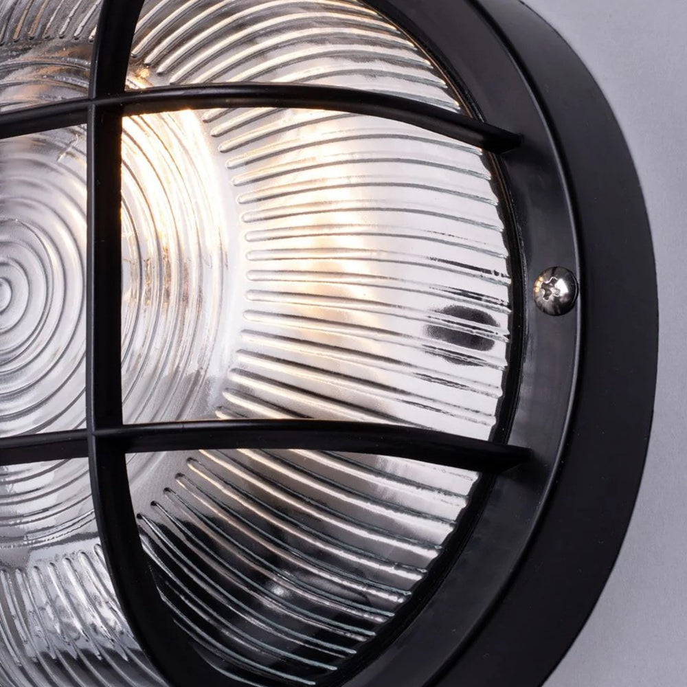 Round Drum Bulkhead Glass Wall Light Fitting | E27 | IP44 | Black Caged