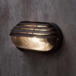 Oval Bulkhead Outdoor Glass Wall Light Fitting | E27 | IP44 | Black Caged