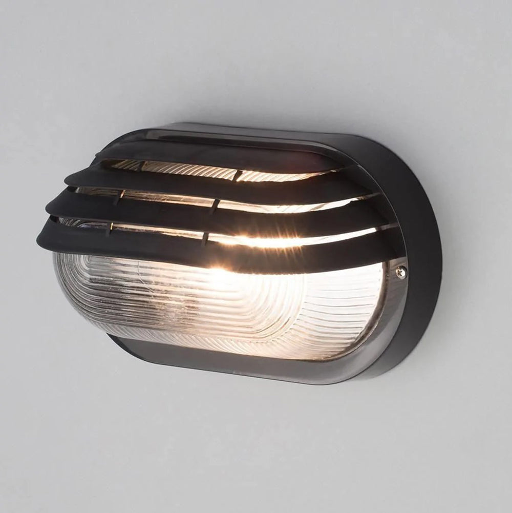 Oval Bulkhead Outdoor Glass Wall Light Fitting | E27 | IP44 | Black Caged