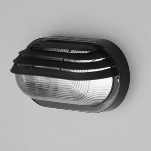 Oval Bulkhead Outdoor Glass Wall Light Fitting | E27 | IP44 | Black Caged