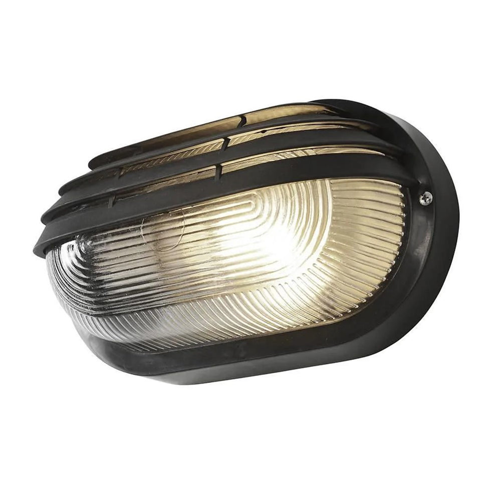 Oval Bulkhead Outdoor Glass Wall Light Fitting | E27 | IP44 | Black Caged