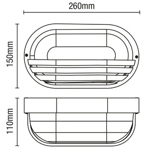 Oval Bulkhead Outdoor Glass Wall Light Fitting | E27 | IP44 | Black Caged