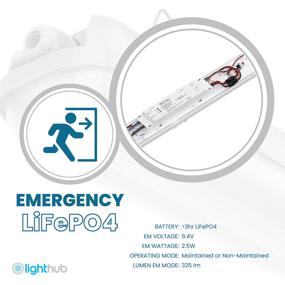 BATTERSEA Non-Corrosive LED Batten Light | 5ft Single 4200lm | CCT Tri-Colour & Multi Wattage | IP66 | Emergency + Microwave Sensor