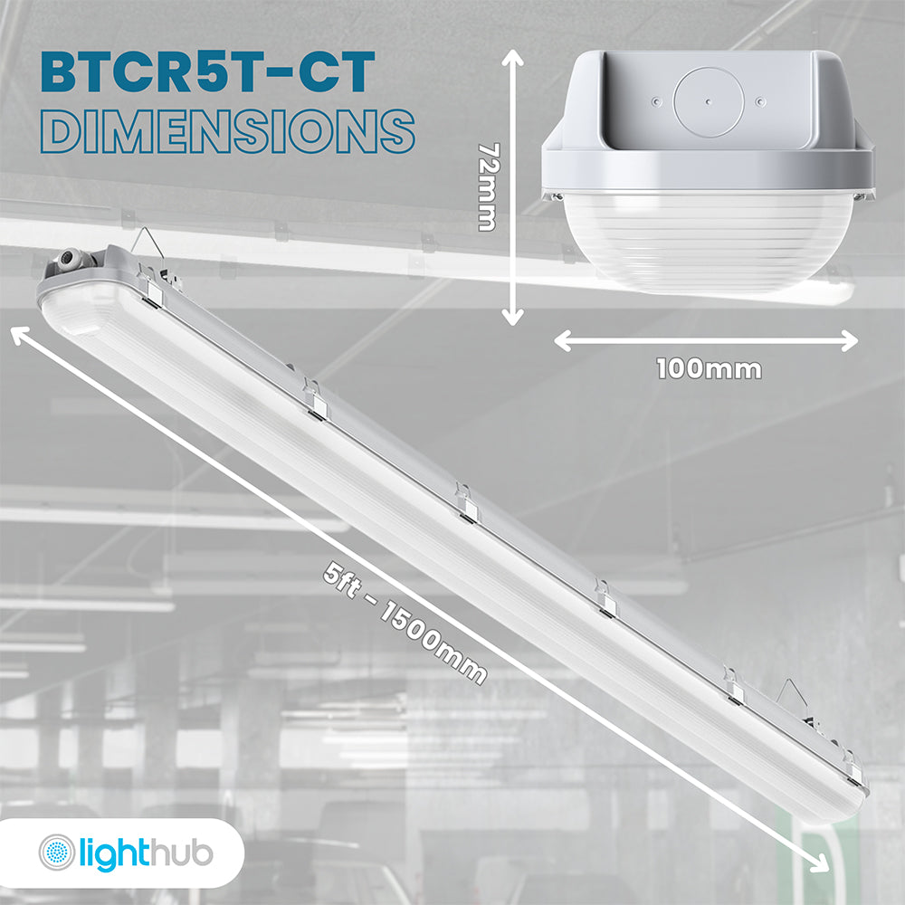 BATTERSEA Non-Corrosive LED Batten Light | 5ft Twin 7200lm | CCT Tri-Colour & Multi Wattage | IP66 | Emergency + Microwave Sensor